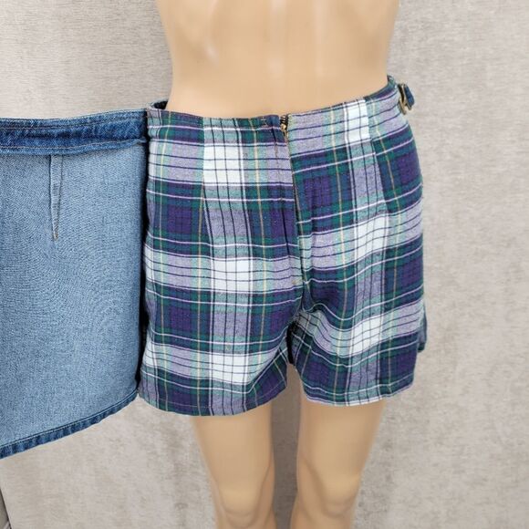 Not Guilty Vintage 90s Denim and Green Plaid Mini Skort Shorts + Skirt Grunge - Picture 3 of 13
